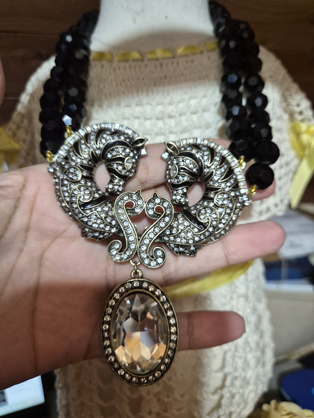 Black and Gold Crystal Double-Peacock Statement Necklace